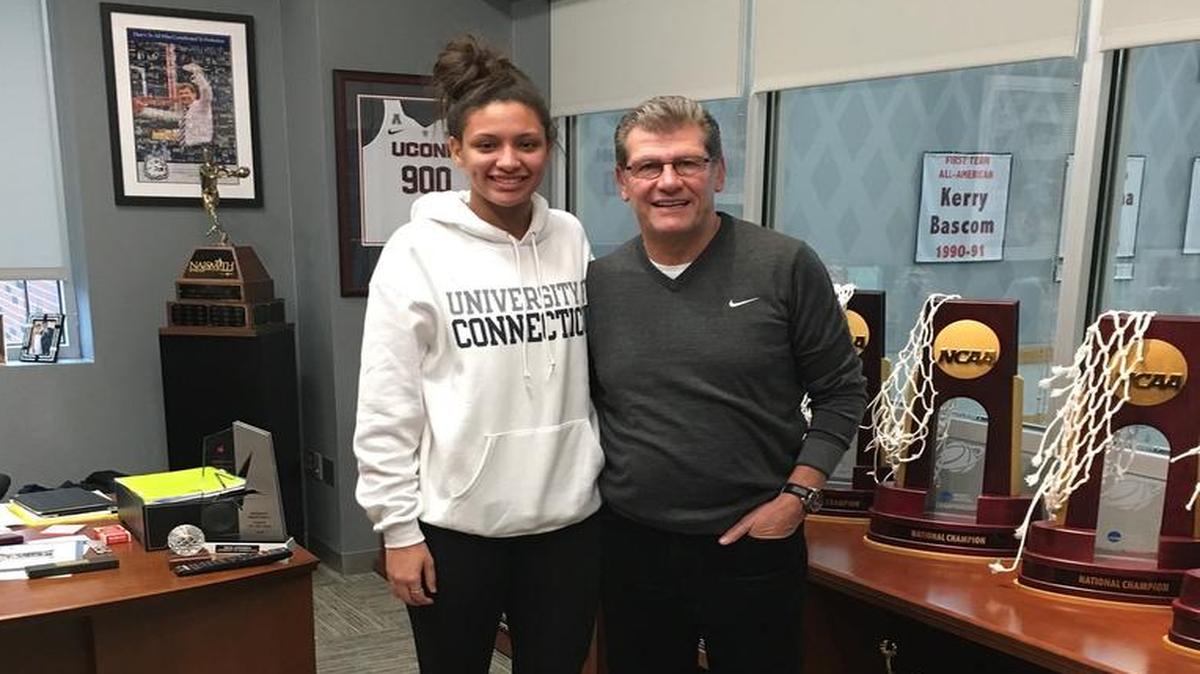 Lexi Gordon with Connecticut women’s basketball coach Geno Auriemma last November.