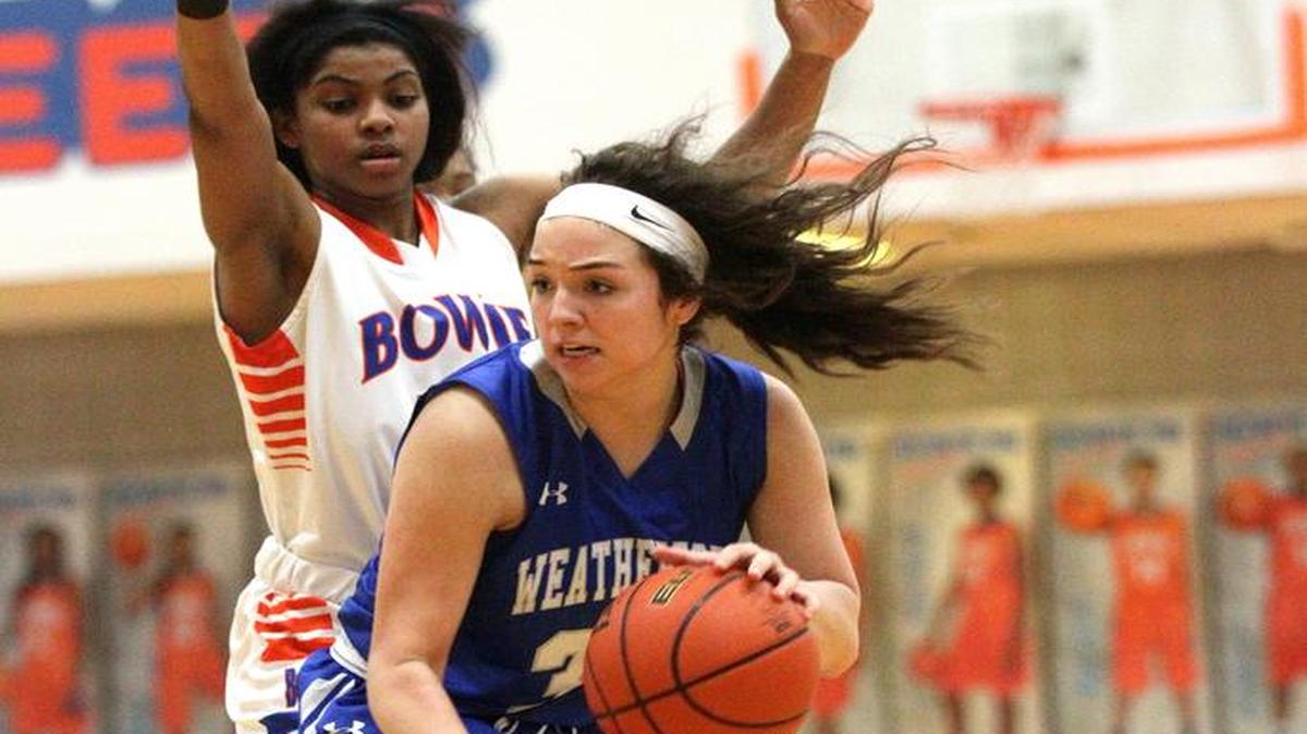 Gracie Ferguson (35) of Weatherford is guarded by D’Andra Credit of Bowie, Jan. 22, 2016.