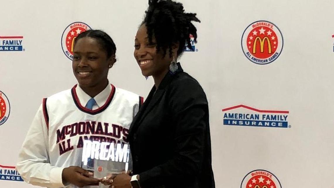 Trinity Valley senior Madison Williams, left, and head coach Tawanna Flowers at a McDonald’s All-American event, Feb. 2, 2018.