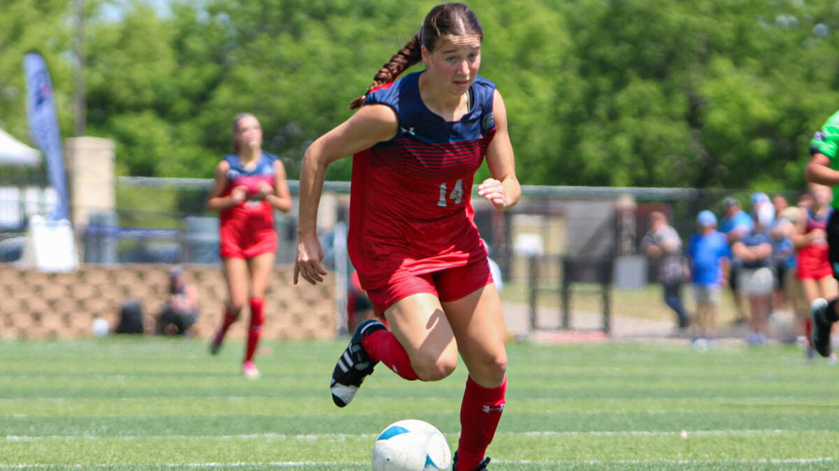 Grapevine’s Theresa McCullough, the championship game MVP, moves up the pitch against Frisco in the Class 5A state championship game on Saturday, April 15, 2023 at Birkelbach Field in Georgetown, Texas. McCullough scored the game’s only goal on a penalty kick.