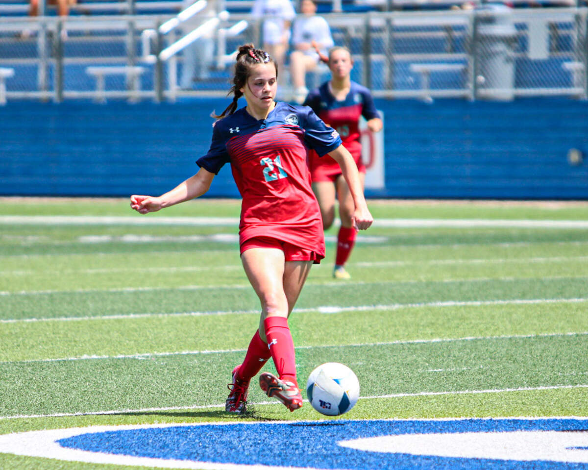 Grapevine midfielder Presley Rhodes gets control of a pass against Frisco in the Class 5A state championship game on Saturday, April 15, 2023 at Birkelbach Field in Georgetown, Texas.