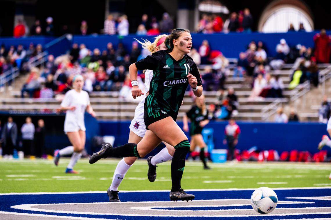 Southlake Carroll freshman Kamdyn Fuller races down the pitch against McKinney Boyd in a Class 6A Region I semifinal on Friday, April 7, 2023 at McKinney ISD Stadium in McKinney, Texas.