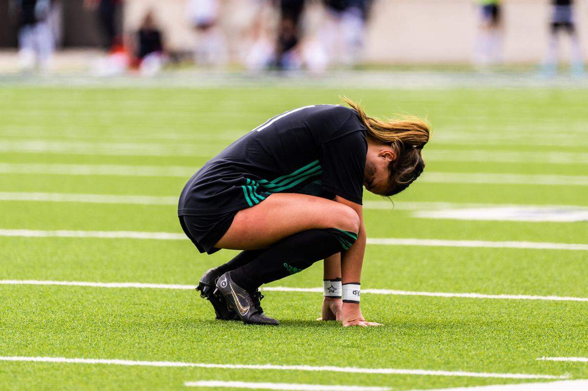 Southlake Carroll’s Kamdyn Fuller after the Dragons lost to Flower Mound Marcus 1-0 on an own goal in the Class 6A Region I final on Saturday, April 8, 2023 at McKinney ISD Stadium in McKinney, Texas.