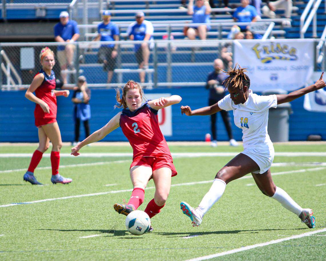 Grapevine midfielder Rowan Truman (2), left, battles Frisco’s London Young (18), right, for possession of the ball in the Class 5A state championship game on Saturday, April 15, 2023 at Birkelbach Field in Georgetown, Texas.