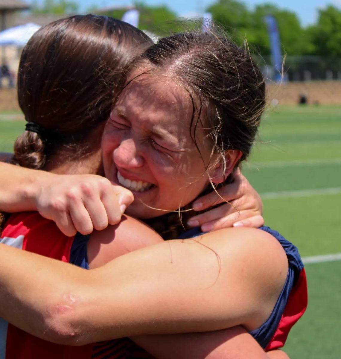 Grapevine’s Theresa McCullough, the championship game MVP, celebrates with a teammate after winning the Class 5A state championship over Frisco on April 15, 2023 at Birkelbach Field in Georgetown, Texas.