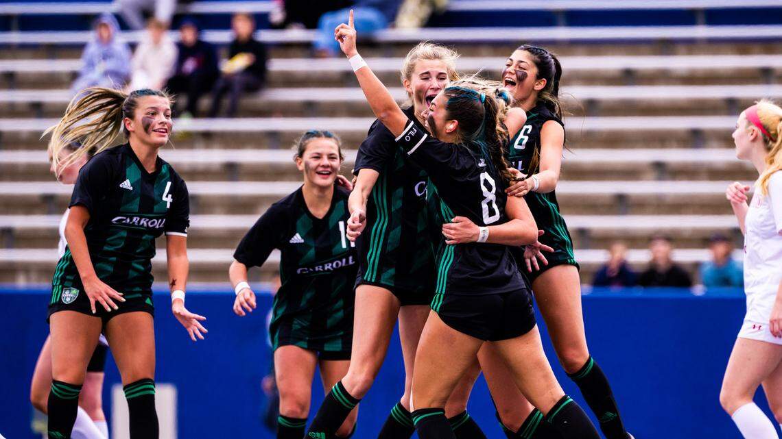 Southlake Carroll’s Maddie Khan celebrates with her teammates after tying the score at 1-1 with McKinney Boyd in a Class 6A Region I semifinal on Friday, April 7, 2023 at McKinney ISD Stadium in McKinney, Texas. Carroll won 3-1.