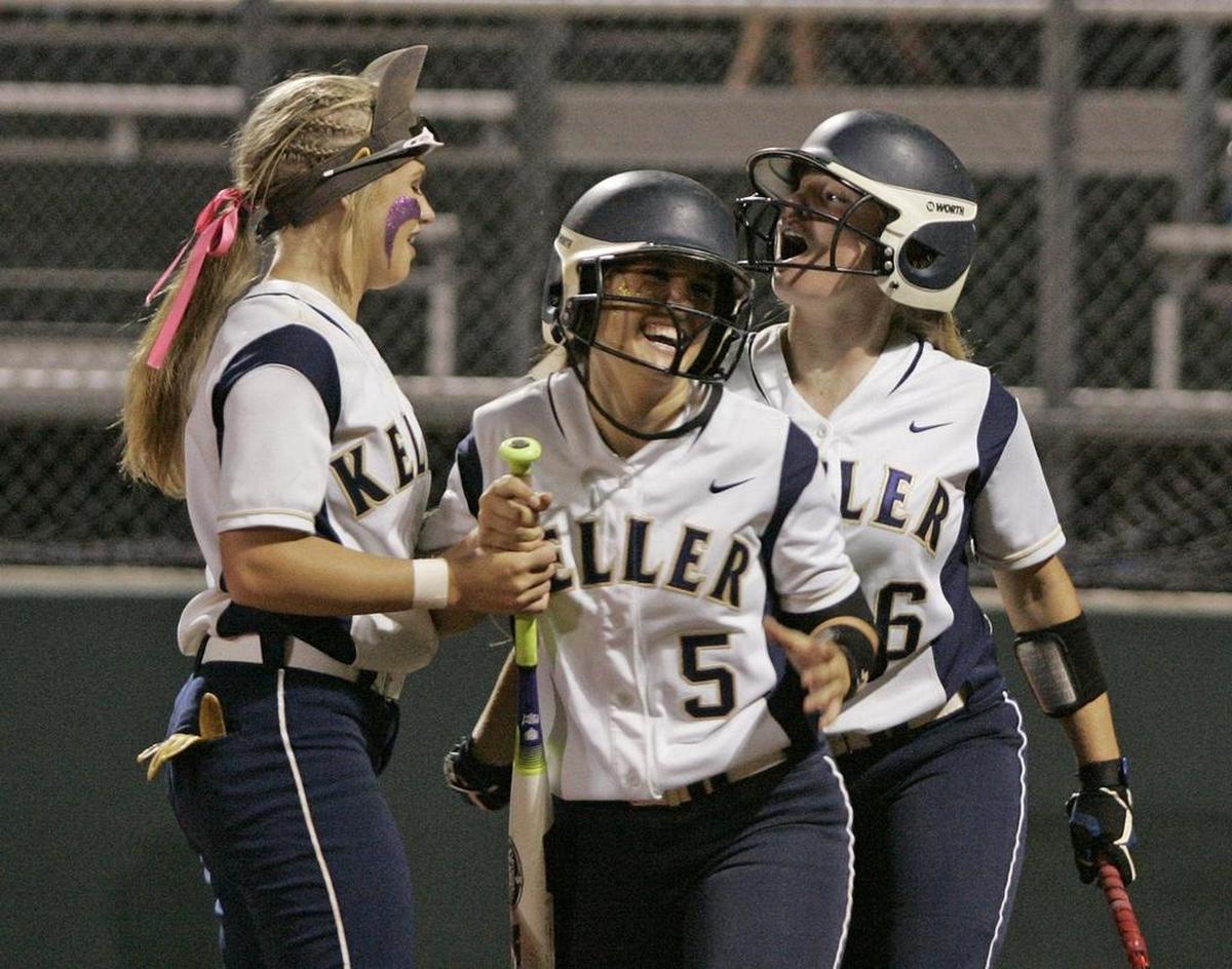 Keller catcher Shelby Henderson, center, celebrating a home run with teammates on May 12 against Plano West, and the Indians take on District 5-6A rival Keller Timber Creek in the Class 6A Region I final.