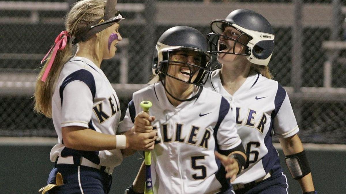 Keller catcher Shelby Henderson, center, celebrating a home run with teammates on May 12 against Plano West, and the Indians take on District 5-6A rival Keller Timber Creek in the Class 6A Region I final.