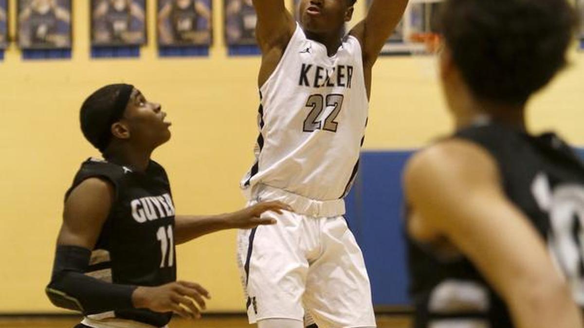 Keller guard RJ Nembhard, middle, scored 27 points in the District 5-6A loss to Denton Guyer.