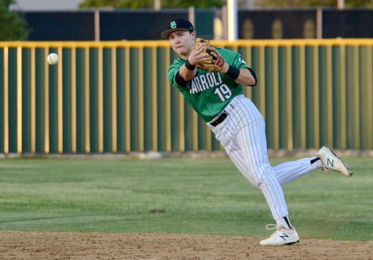 Carroll baseman Cade Bell and the Dragons face Waco Midway in the area round.