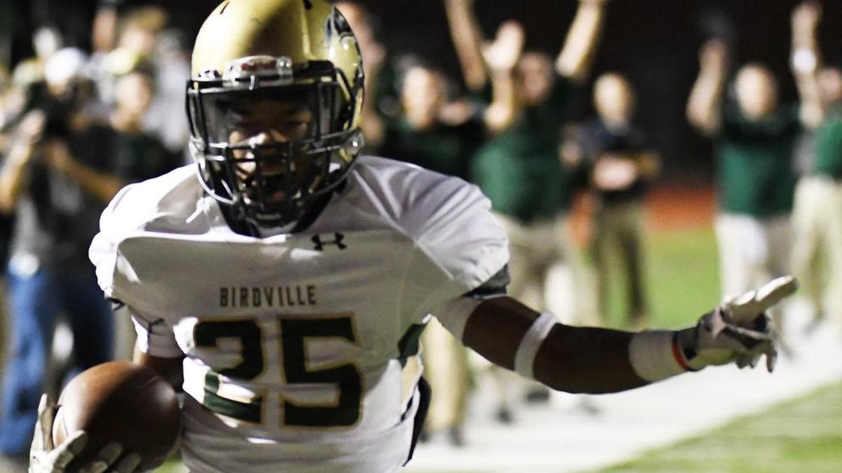 Birdville’s Damian Morrell, celebrates a catch in for a touchdown against South Hills.