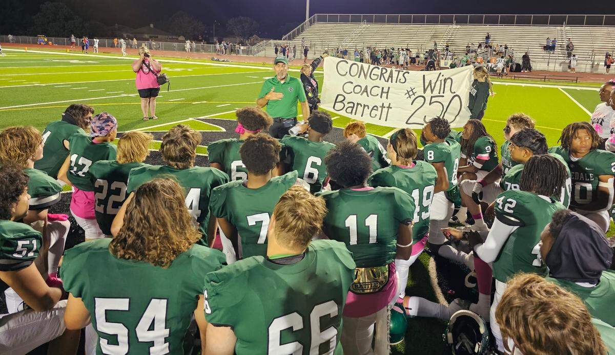 Kennedale head coach Richard Barrett addresses his team after the Wildcats defeated Lake Worth to give Barrett his 250th career win on Friday, October 6, 2023 at Wildcat Stadium in Kennedale, Texas.