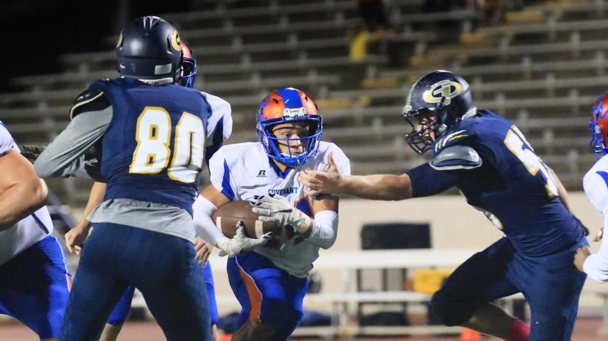 Alan Maldonado (44) of Colleyville Covenant in 2016 action. The Cougars rusher had a big game against Dallas First Baptist.