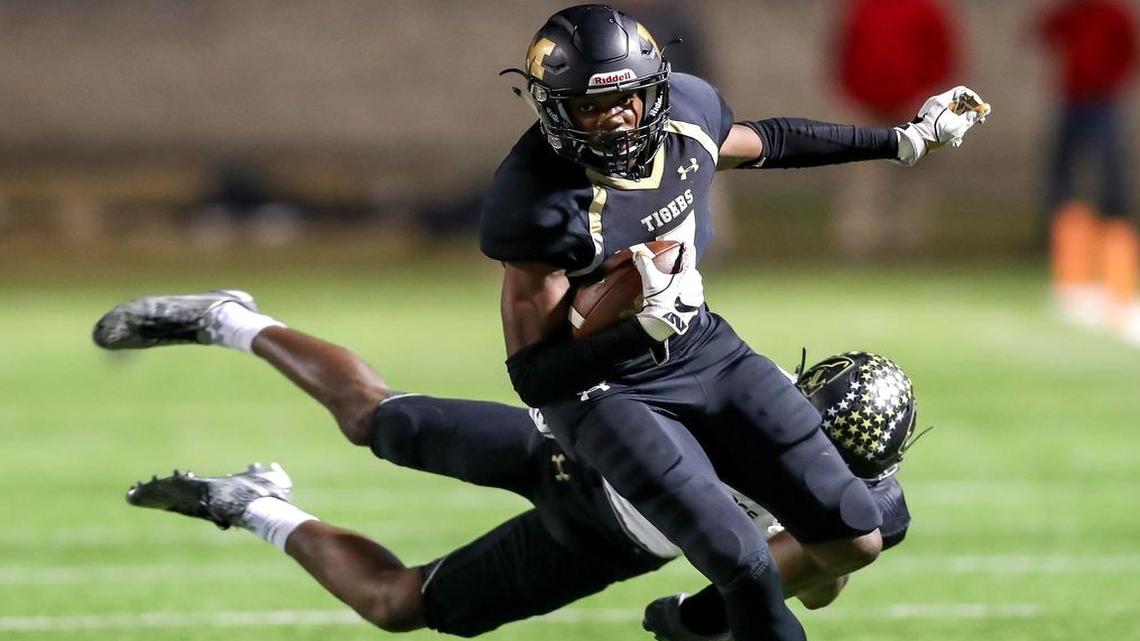 Mansfield WR Saiid Adebo finds running room against Keller Fossil Ridge in the 6A division II Bi-district football playoffs at Newsom Stadium in Mansfield.