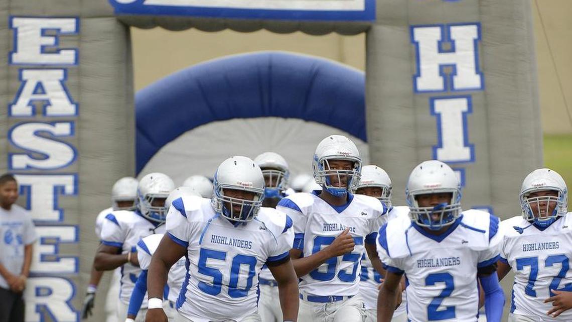 Eastern Hills Highlanders football team in a 2015 game at Farrington Field in Fort Worth.