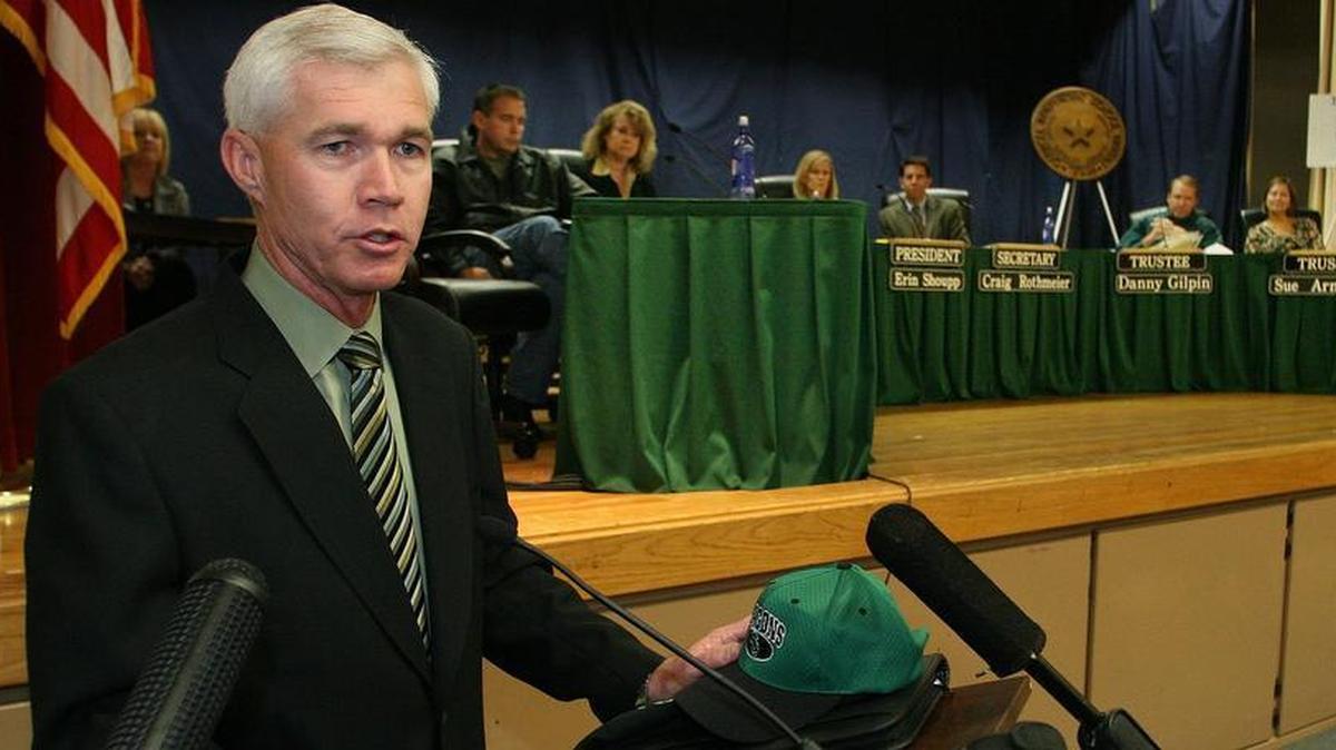 New head football coach Hal Wasson is introduced at a Carroll ISD school board meeting in 2007.