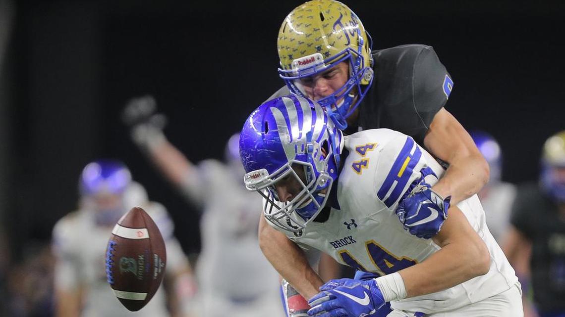Brock tight end Baylor Cupp fumbles and loses the ball after a long pass reception in the second quarter as Brock plays Rockdale for the Conference 3A Division I state championship at AT&T Stadium, Thursday, December 21, 2017.