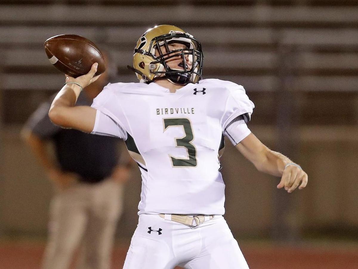 Birdville quarterback Stone Earle, Oct. 26, 2017, against Fort Worth Dunbar.