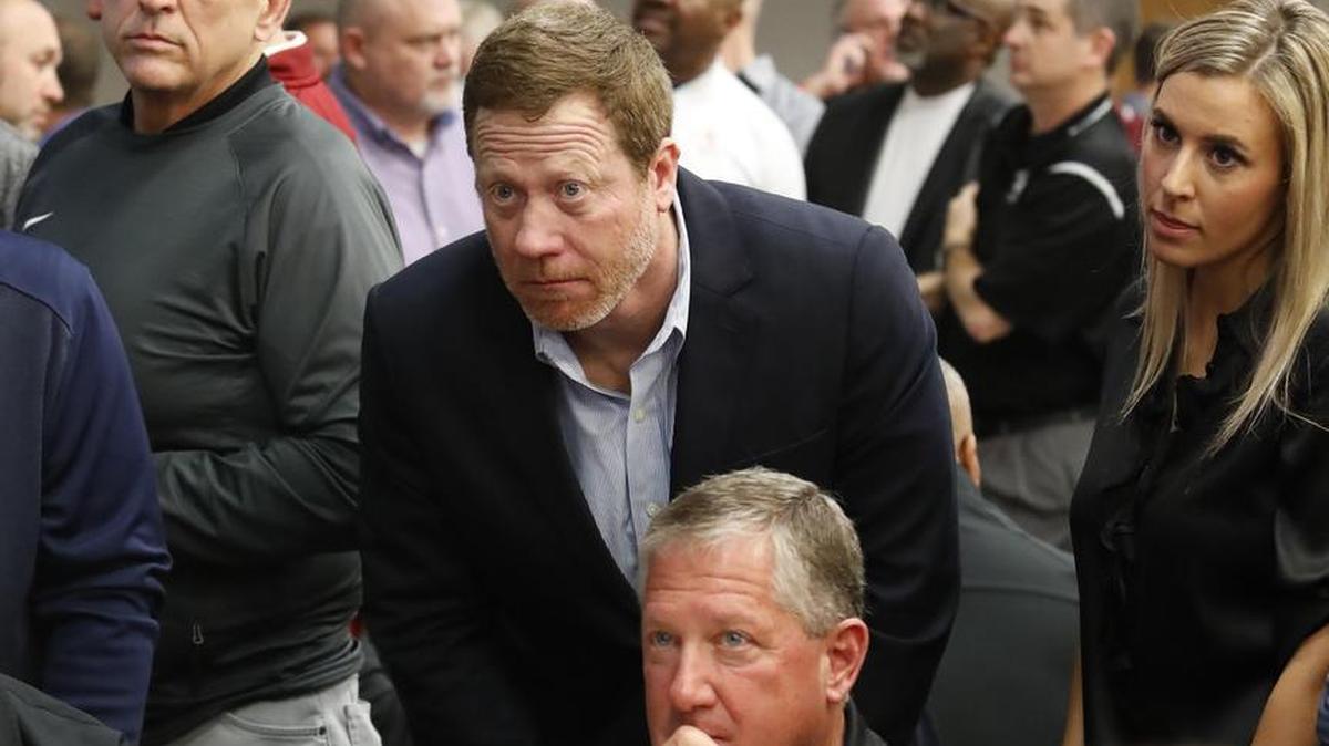 Carroll ISD athletic director Darren Allman, standing, represents the Dragons’ football team at the Birdville ISD Fine Arts/Athletic Complex during UIL realignment meetings, Feb. 1, 2018.
