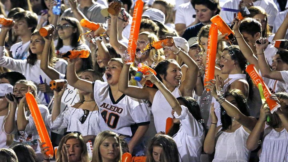 Aledo student section reacts to a Bearcats’ touchdown, Sept. 2, 2016.