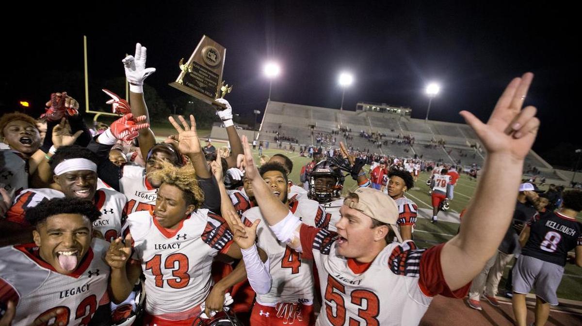 Mansfield Legacy celebrates after beating Burleson for the region 2 bi-district championship on Friday, November 17, 2017.