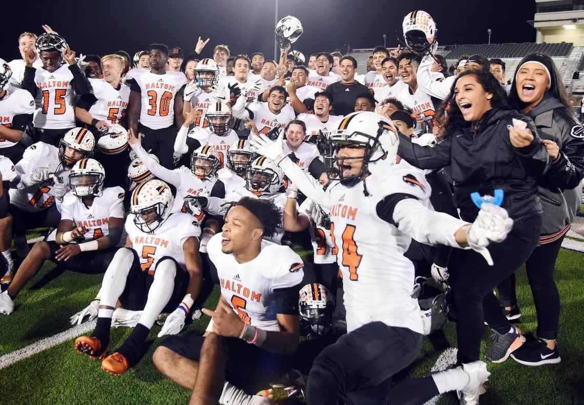 The Haltom football poses for a celebratory picture on the field after their 28-17 win over Keller Central in Thursday’s November 9, 2017 football game at Keller ISD Athletic Center in Keller, Texas. The victory means that Haltom has its first winning season since 2000 and its first play-off spot since 2009.