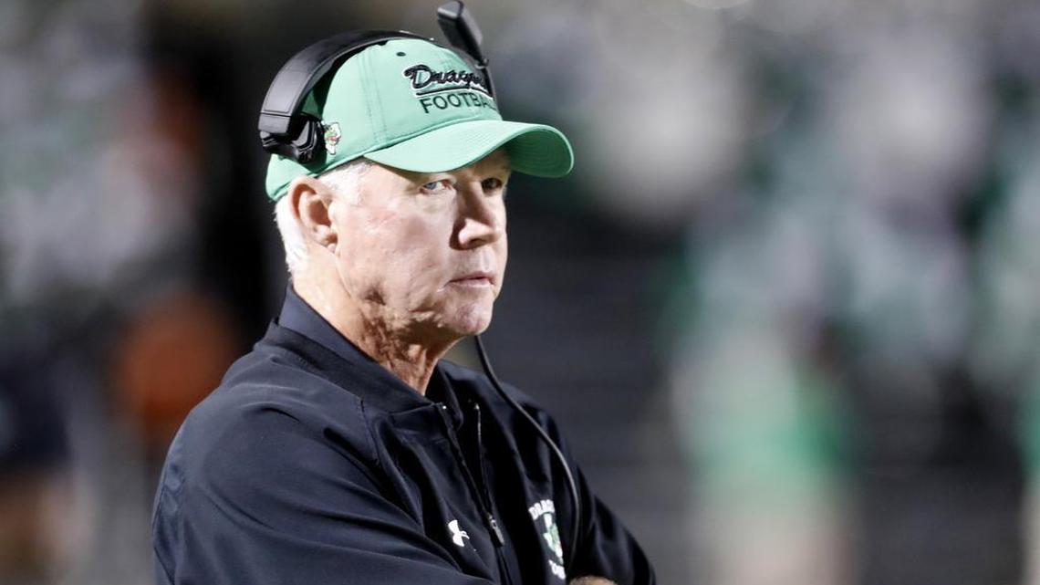 Southlake Carroll head coach Hal Wasson watches second-quarter action against Flower Mound Marcus, Oct. 20, 2017.