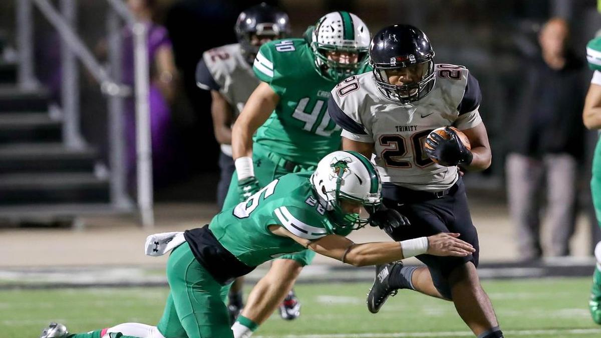 Trinity kick receiver Brandon Theus (20) could move to outside linebacker next season.