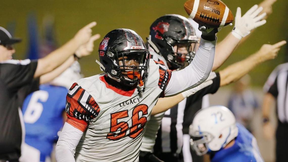 Mansfield Legacy defensive lineman Taurean Carter (56) in a 2016 game. Carter says he and his teammates are determined to make it past the state quarterfinal game against Frisco Lone Star.