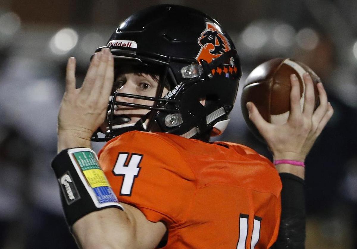 In Week 8, Aledo quarterback Jake Bishop spots a receiver against Haslet Eaton, Oct. 20, 2017.