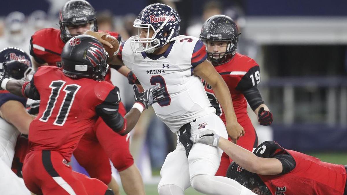 From 2016, Denton Ryan quarterback Spencer Sanders (3) in action against Colleyville Heritage linebackers Paul Mpunga (11), Sage Hebb (19) and Bryce Boyd (5)