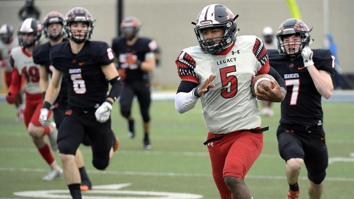 Mansfield Legacy’s Jalen Catalon (5) out runs Aledo Bearcats cornerback Jake Ford (7) and strong safety Jake Mclendon (6) and the rest of the defense on an 86-yard touchdown run.