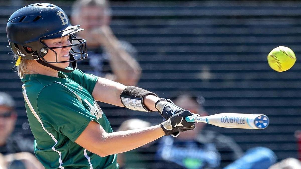 Birdville right fielder Maygan Paul makes contact against Denton Ryan during Game 2 of the area round softball playoffs at Denton Ryan High School, May 6, 2017.