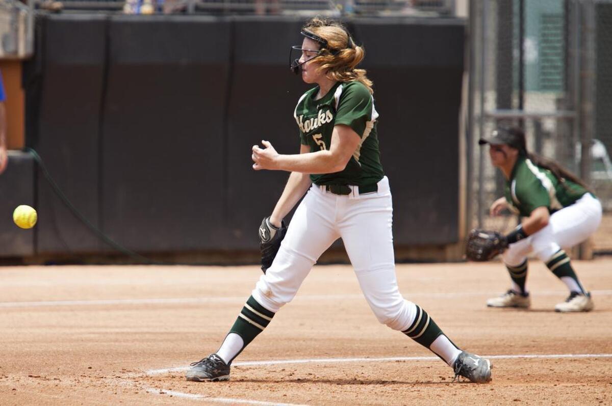 Birdville pitcher Grace Green (5) throws a ball against Gregory-Portland during their UIL State 5A Softball championship game at Red and Charline McCombs Field in Austin, Texas on May 4, 2016.
