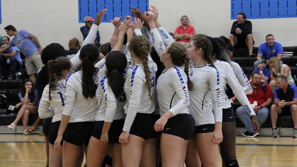 Byron Nelson celebrates after a win in the Northwest ISD volleyball tournament at Byron Nelson High School, August 18, 2017.