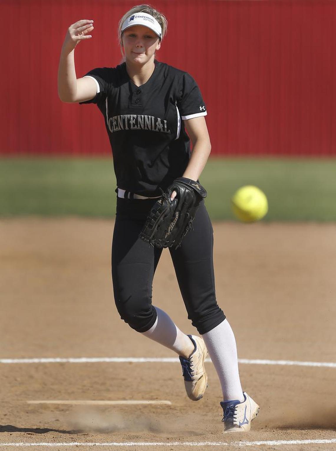 Burleson Centennial Spartans starting pitcher Hayley Murrell throws against the Burleson Elks. Centennial won 19-0.