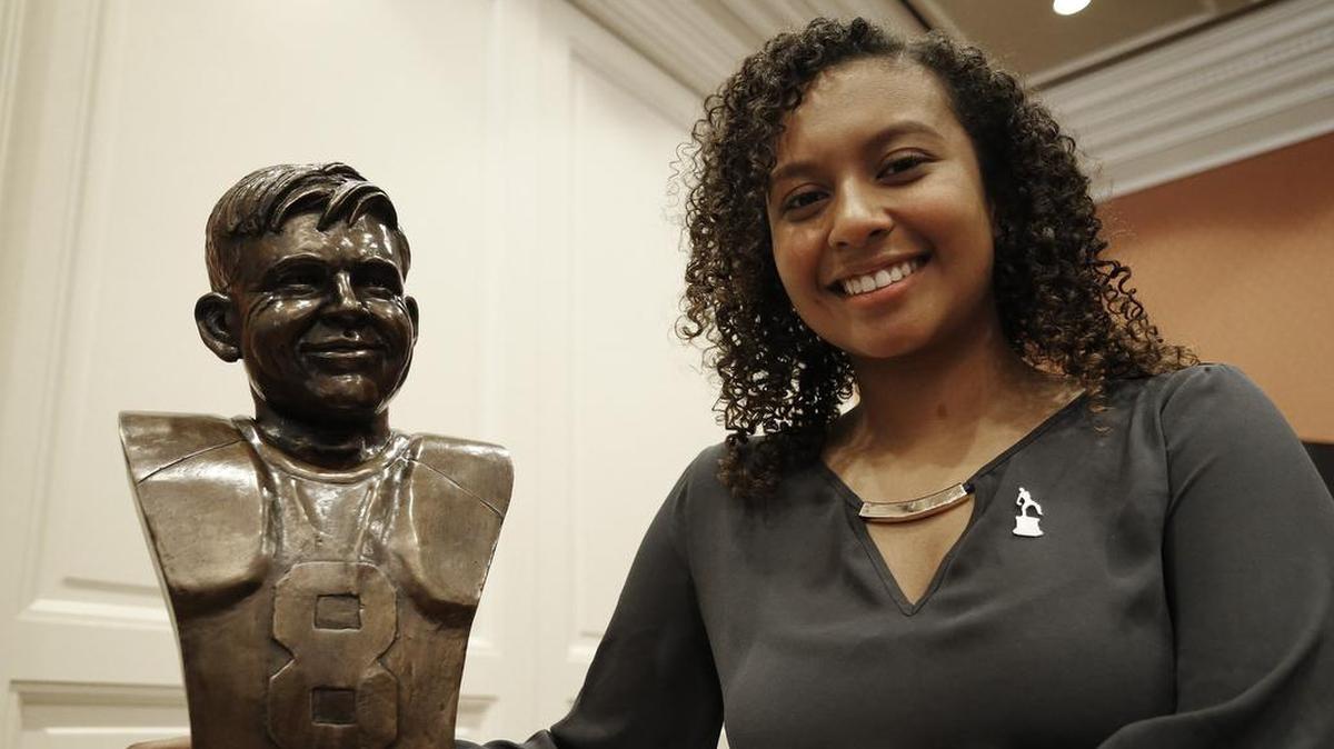 Winner Mikayla Wilson (Trimble Tech) poses with her trophy after the announcement. The Davey O’Brien Foundation held a luncheon for the six finalists for the 32nd Annual Davey O’Brien High School Scholarship Award, Tuesday, January 23, 2018.