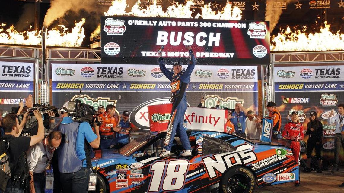 Kyle Busch (18) wins the O’Reilly Auto Parts 300, Friday, April 8, 2016, at Texas Motor Speedway.