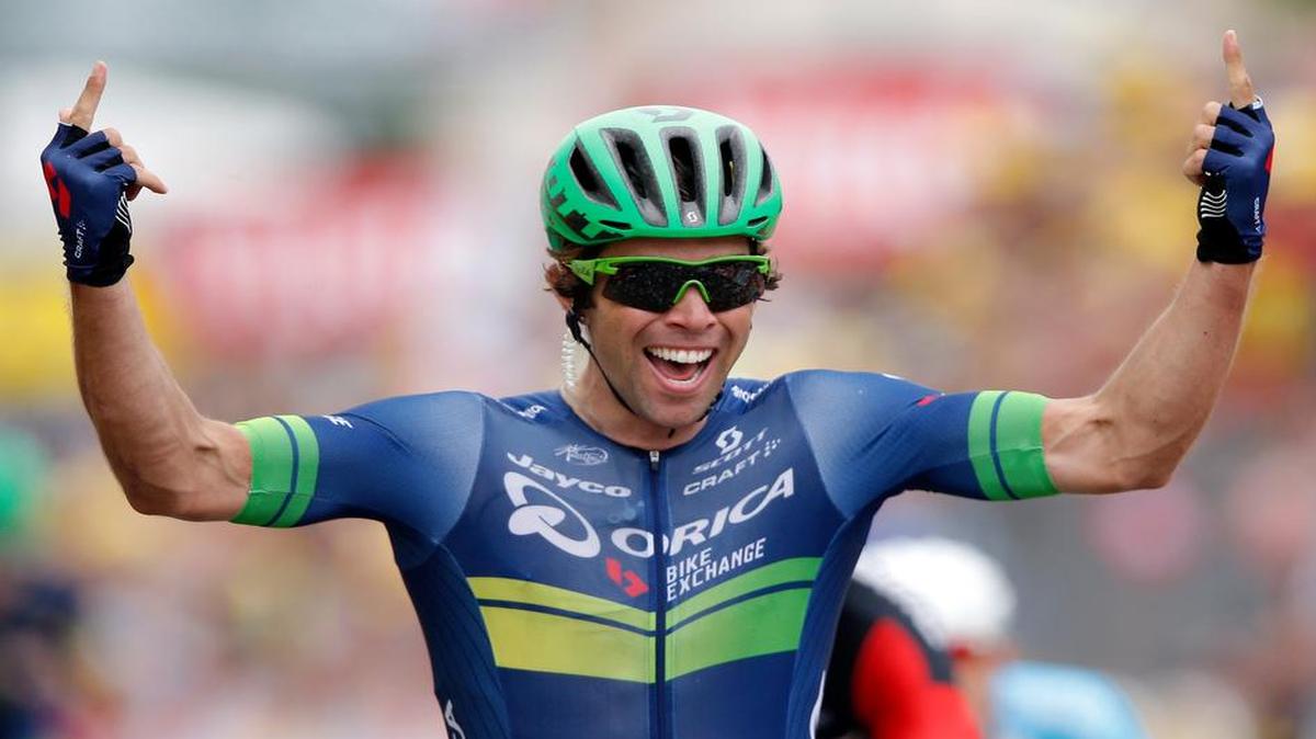 Australia’s Michael Matthews celebrates as he crosses the finish line to win the 10th stage of the Tour de France cycling race on Tuesday. The 11th stage will be telecast at 7 a.m. Wednesday on NBCSN.