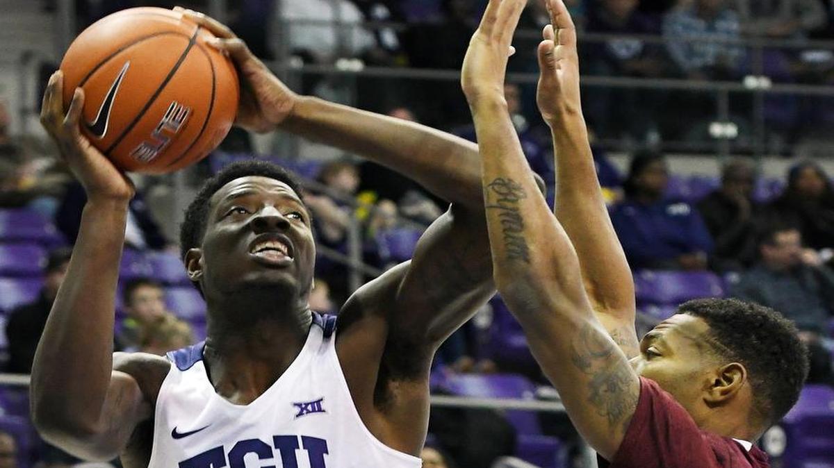 TCU sophomore forward JD Miller, left, going up for a shot in Sunday’s victory over Texas Southern, and the Horned Frogs (10-1) play host to Bradley (5-7) on Wednesday at Schollmaier Arena. The game tips off at 8 p.m. on FSSW Plus.