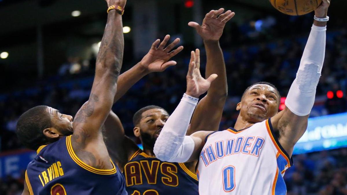 Oklahoma City Thunder guard Russell Westbrook, shooting against the Cleveland Cavaliers in Thursday’s victory, will face former teammate Kevin Durant and the Golden State Warriors at 7:30 p.m. Saturday on ABC (WFAA/Channel 8).