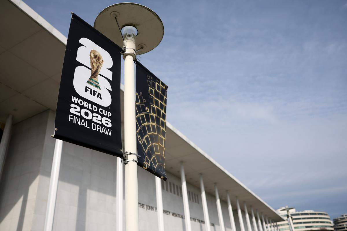 FIFA World Cup 2026 Final Draw signage is displayed Dec. 4, 2025, outside the Kennedy Center in Washington.