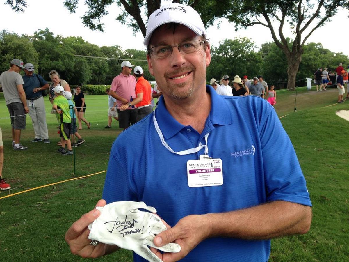 Jordan Spieth’s tee shot on No. 17 was going left, until it hit marshal Dave Gustaf in the lower leg, and bounced back toward the fairway. When Spieth learned the ball had hit Gustaf, he gave him a signed glove and “Thanks!” for the kick save.