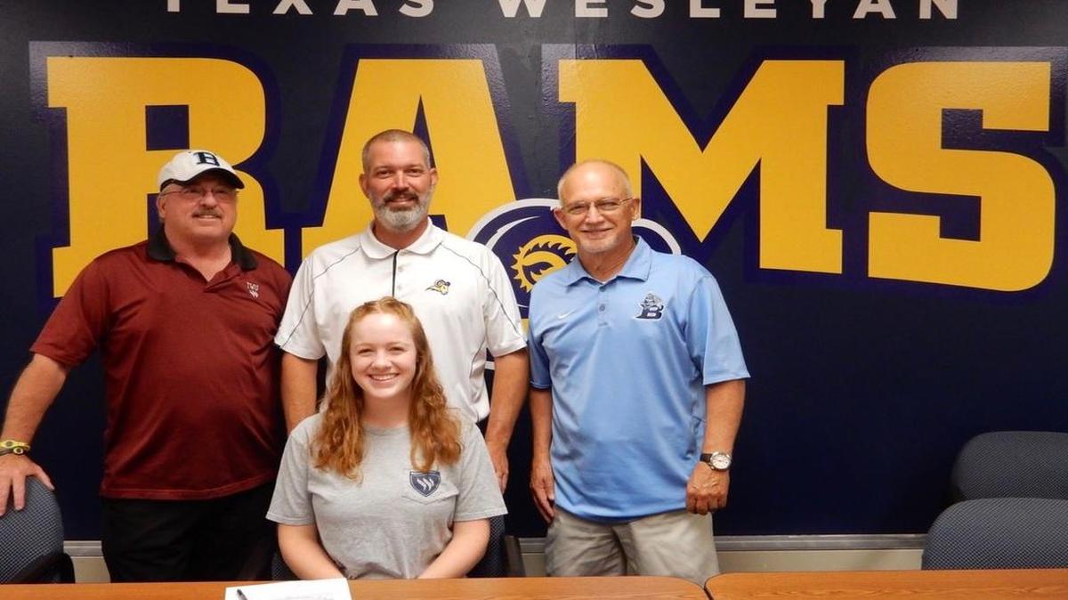 Brook Sullivan signs her national letter of intent to play golf at Texas Wesleyan. Back row from left, Texas Wesleyan coach Kevin Millikan, Chad Sullivan and Bell golf coach Buddy Hamm.