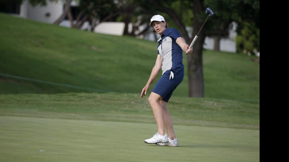 
Juli Inkster reacts to a missed putt on the 8th hole during the the LPGA North Texas Shootout at Las Colinas Country Club in Irving on Thursday 
