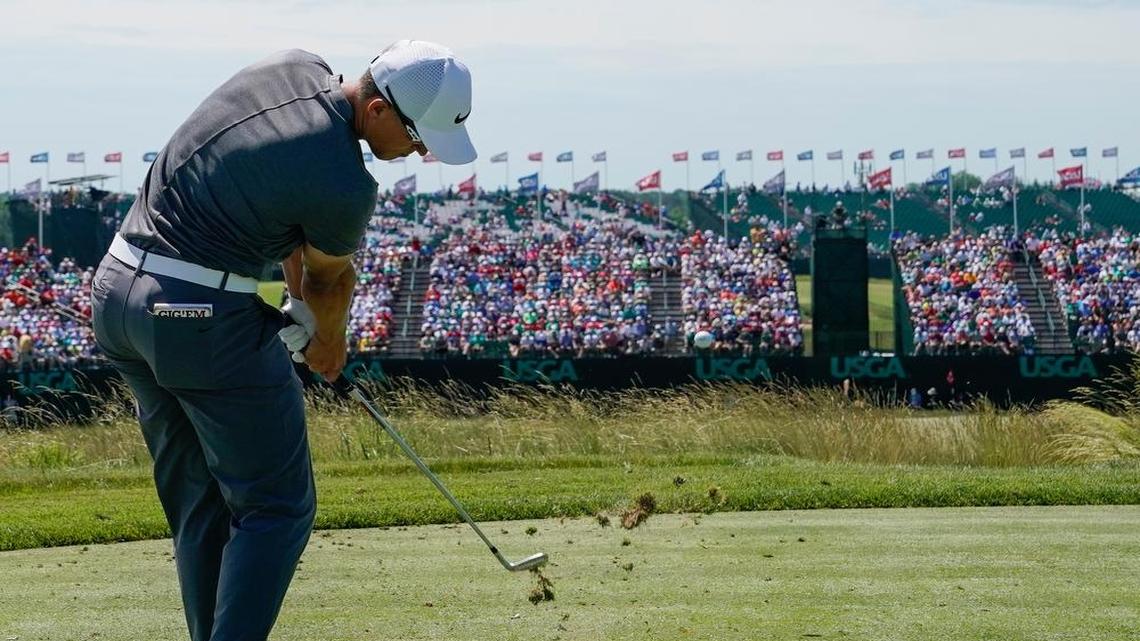 Cameron Champ hits from the ninth tee during the second round of the U.S. Open golf tournament Friday, June 16, 2017, at Erin Hills in Erin, Wis.