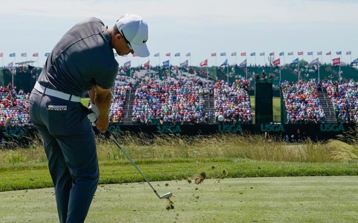 Cameron Champ hits from the ninth tee during the second round of the U.S. Open golf tournament Friday, June 16, 2017, at Erin Hills in Erin, Wis.