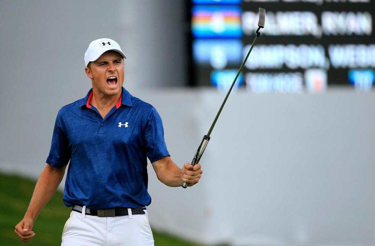 Jordan Spieth celebrates after sinking a birdie the par-3 16th on Sunday in Fort Worth.