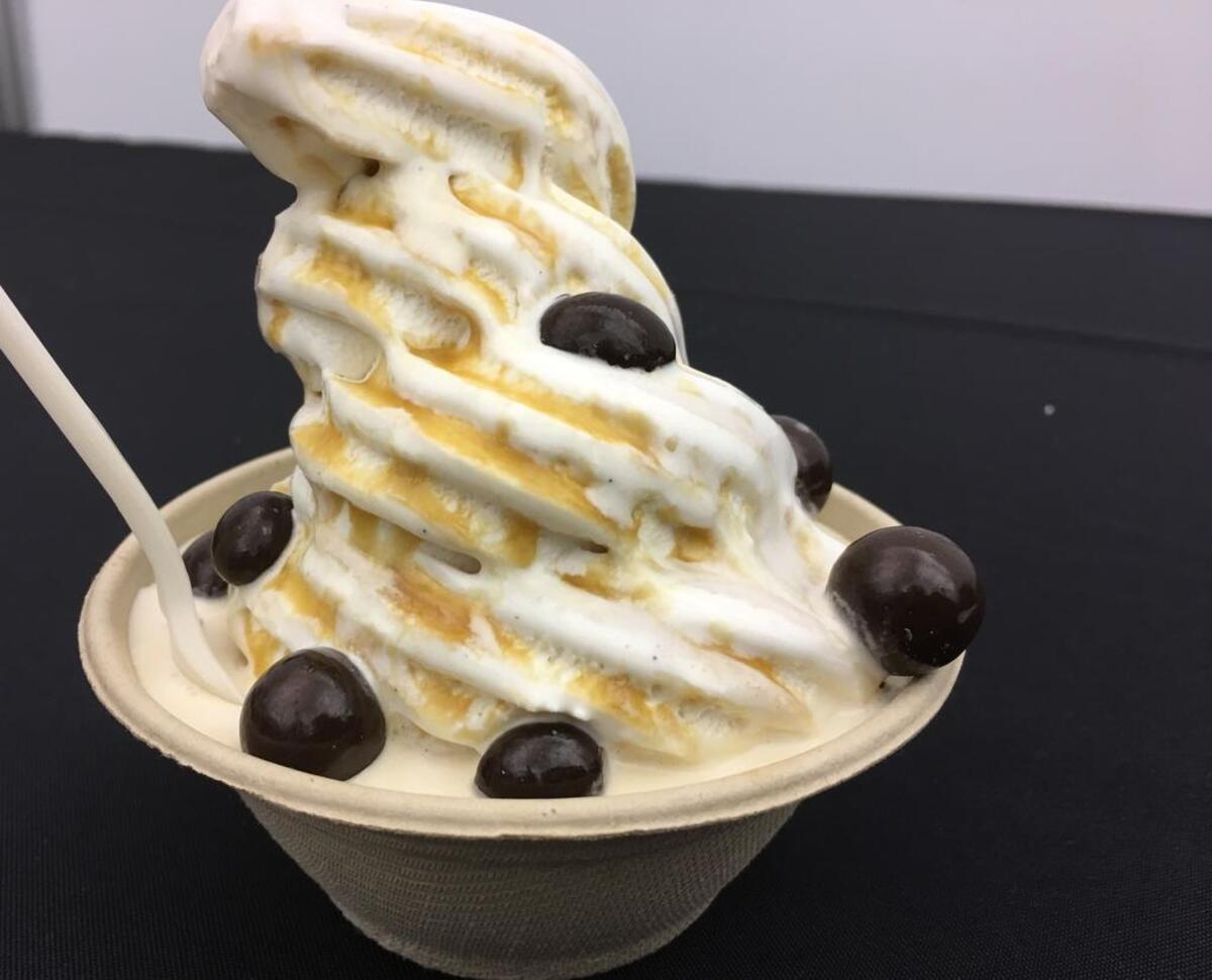 Vanilla cardamom soft serve ice cream topped with Avoca iced coffee