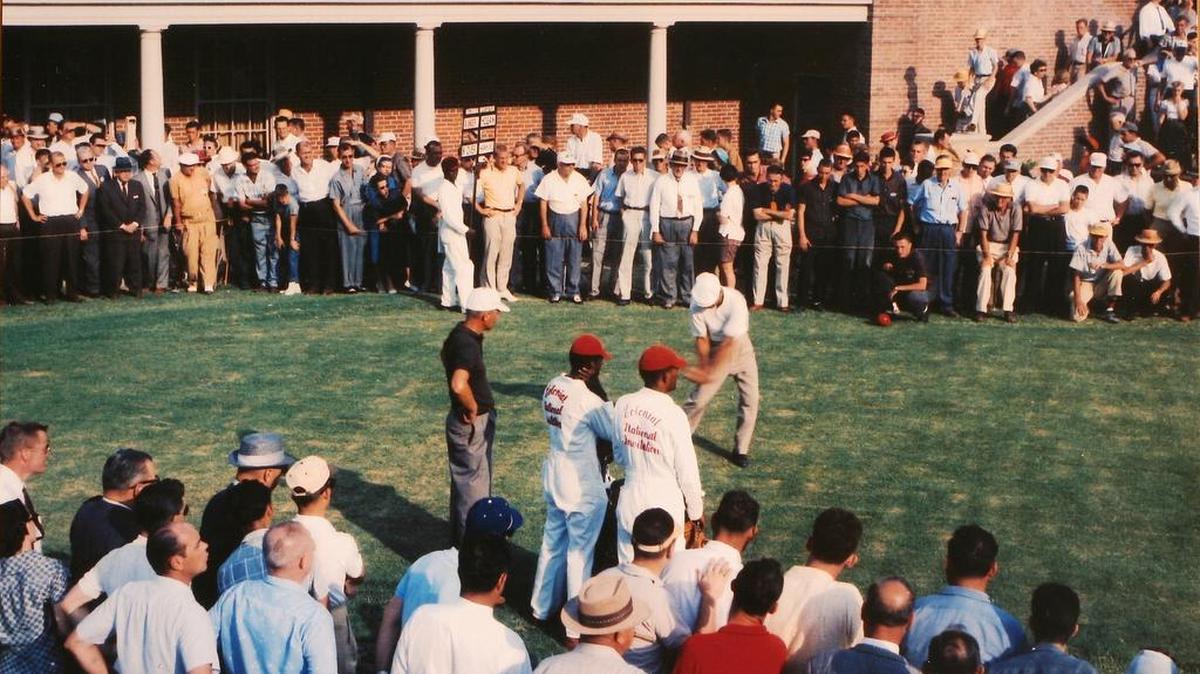 Ben Hogan on the 17th tee at Colonial Country Club from the Monday playoff which he won (his last) at the May 1959 Colonial NIT.